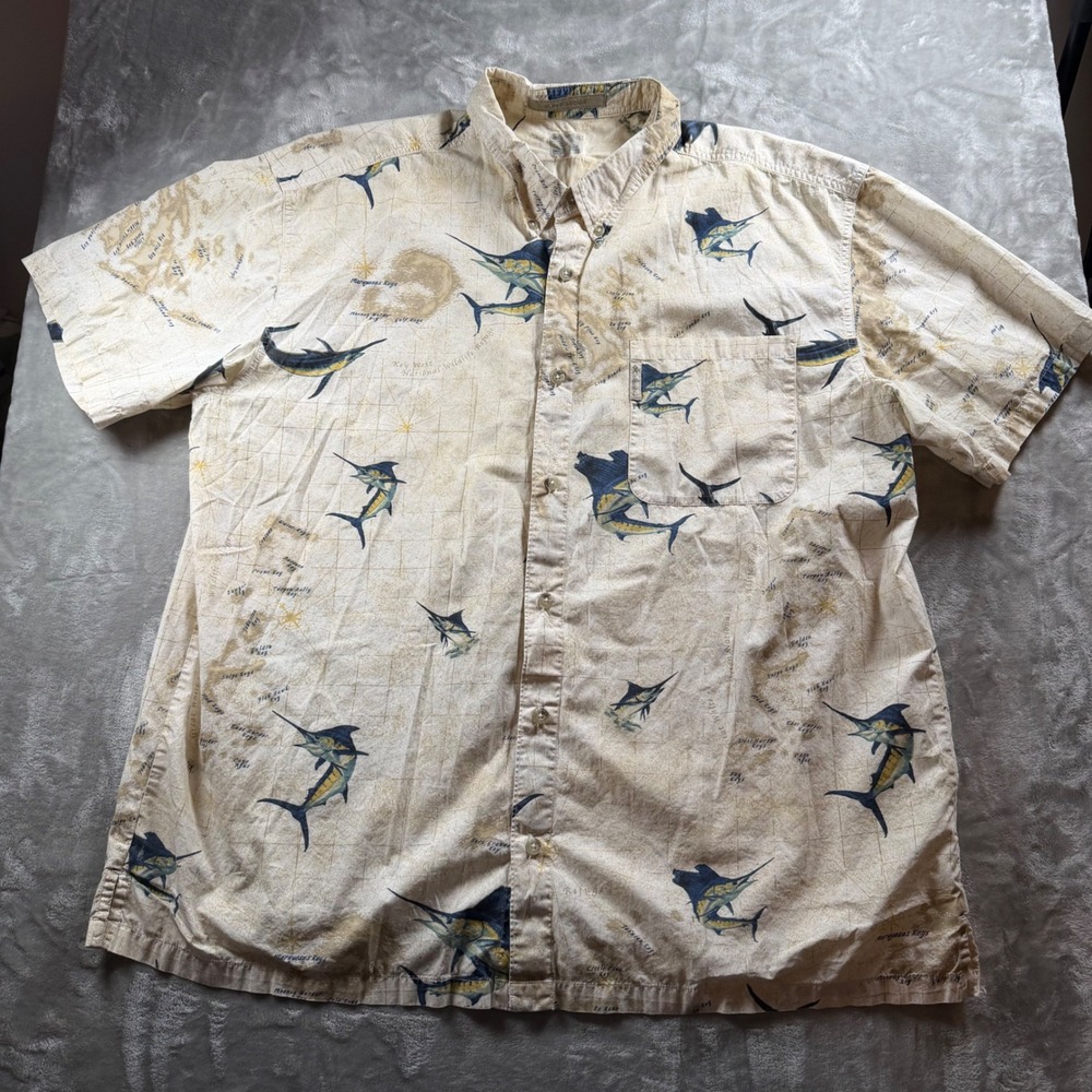 Columbia River Lodge XL Marlin Fishing Shirt Florida Keys Map Y2K